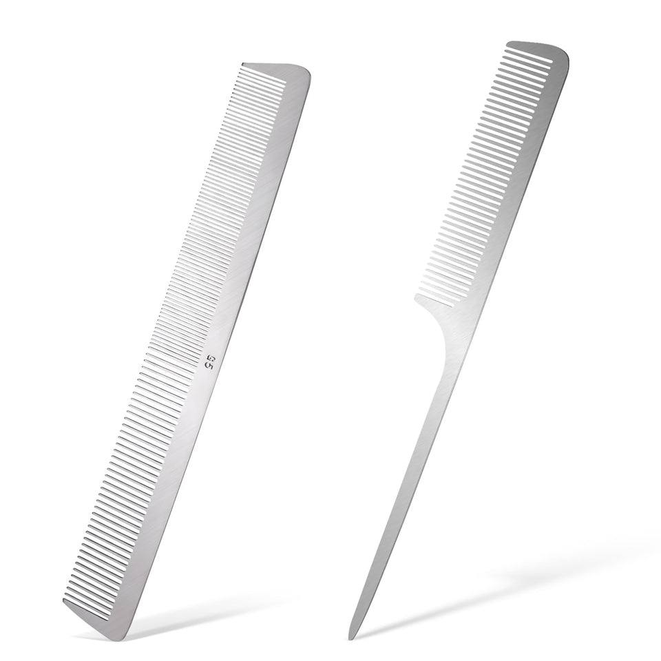 Mozeat Lens front view of both stainless steel combs showing durable design and professional use