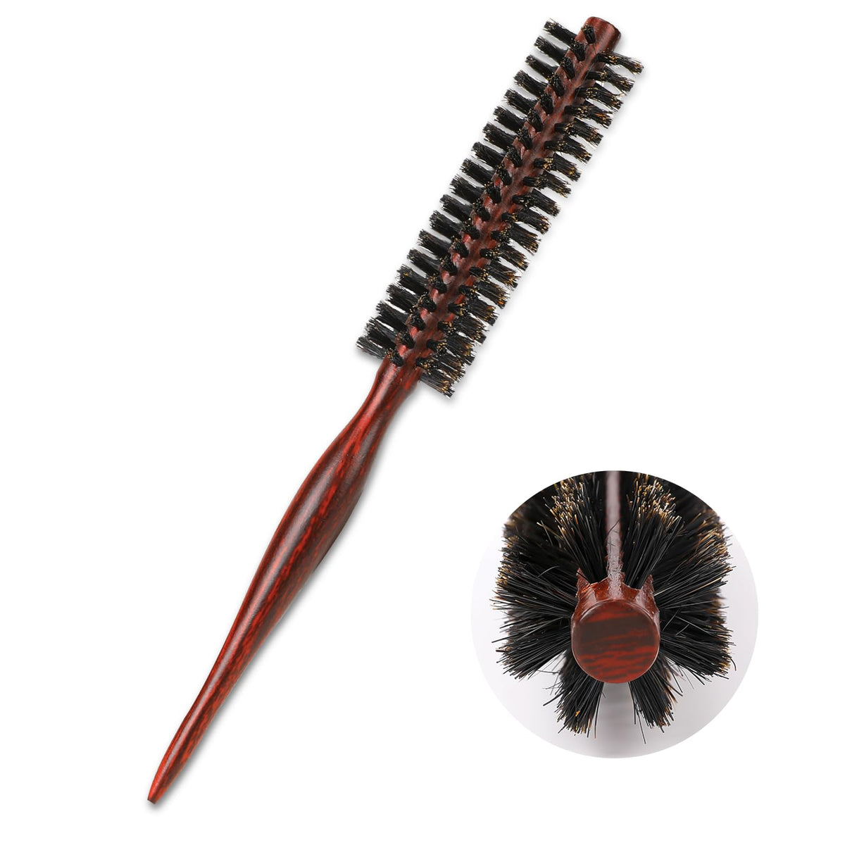 Mozeat Lens front view of the round brush showing wooden handle and bristles for precise styling