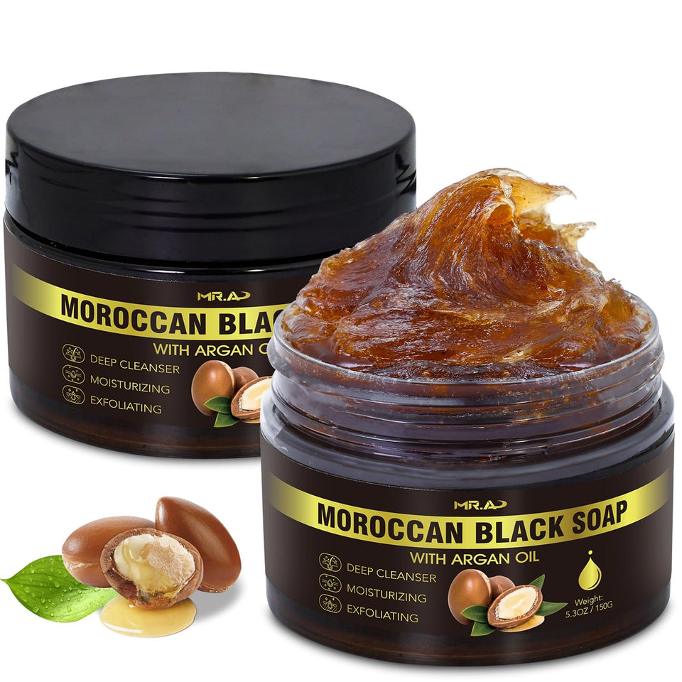 MR.A front packaging showing two Moroccan black soap packs and clear labeling, clarifying purchase benefit