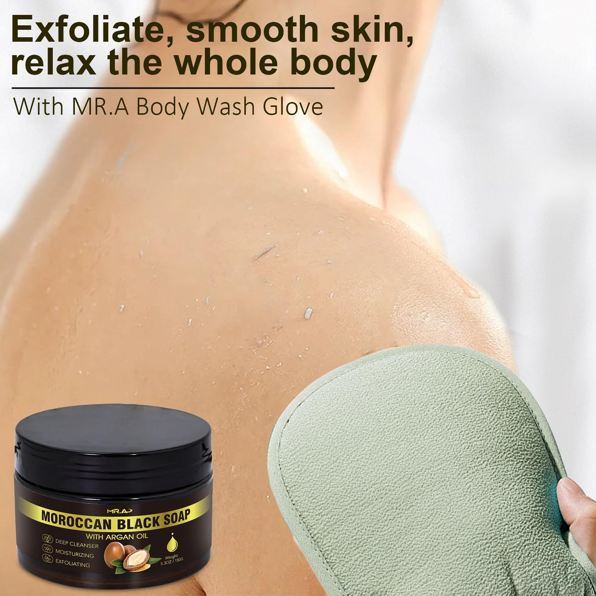 MR.A soap used with exfoliating glove showing effective dead-skin removal benefit