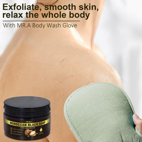 MR.A soap used with exfoliating glove showing effective dead-skin removal benefit