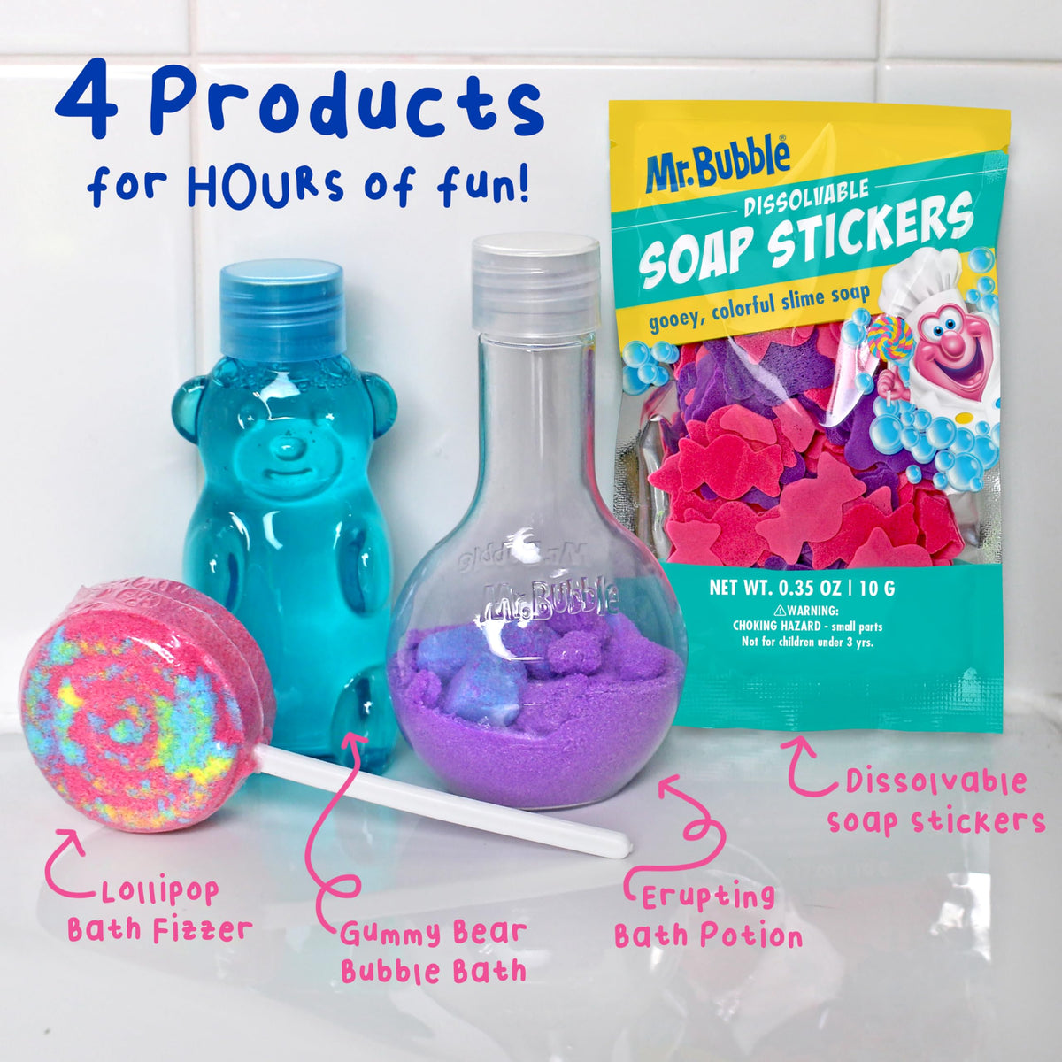 Mr. Bubble bath potion mixing action in water for visual sensory play