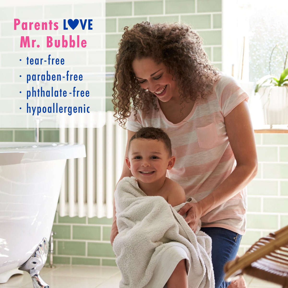 Family bathroom scene with Mr. Bubble creating playful, calming bath time