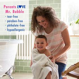 Family bathroom scene with Mr. Bubble creating playful, calming bath time