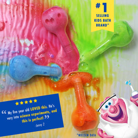 Mr. Bubble beaker fizzing in bathtub creating foam and engaging kids in play