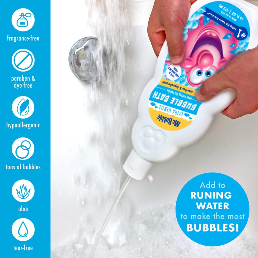 Hand holding Mr. Bubble bottle to show size and easy-pour convenience
