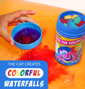 Mr. Bubble cap pouring colorful waterfall demonstrating easy color pour
