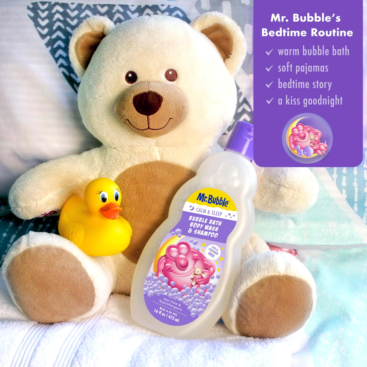 Child enjoying bath with Mr. Bubble, soothing scent supports bedtime routine