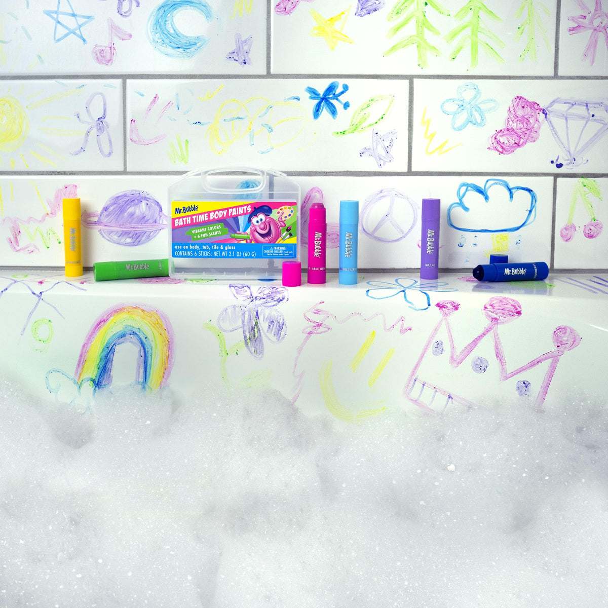 Mr. Bubble vibrant color swatches on tile demonstrating washability and bold pigments