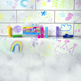 Mr. Bubble vibrant color swatches on tile demonstrating washability and bold pigments