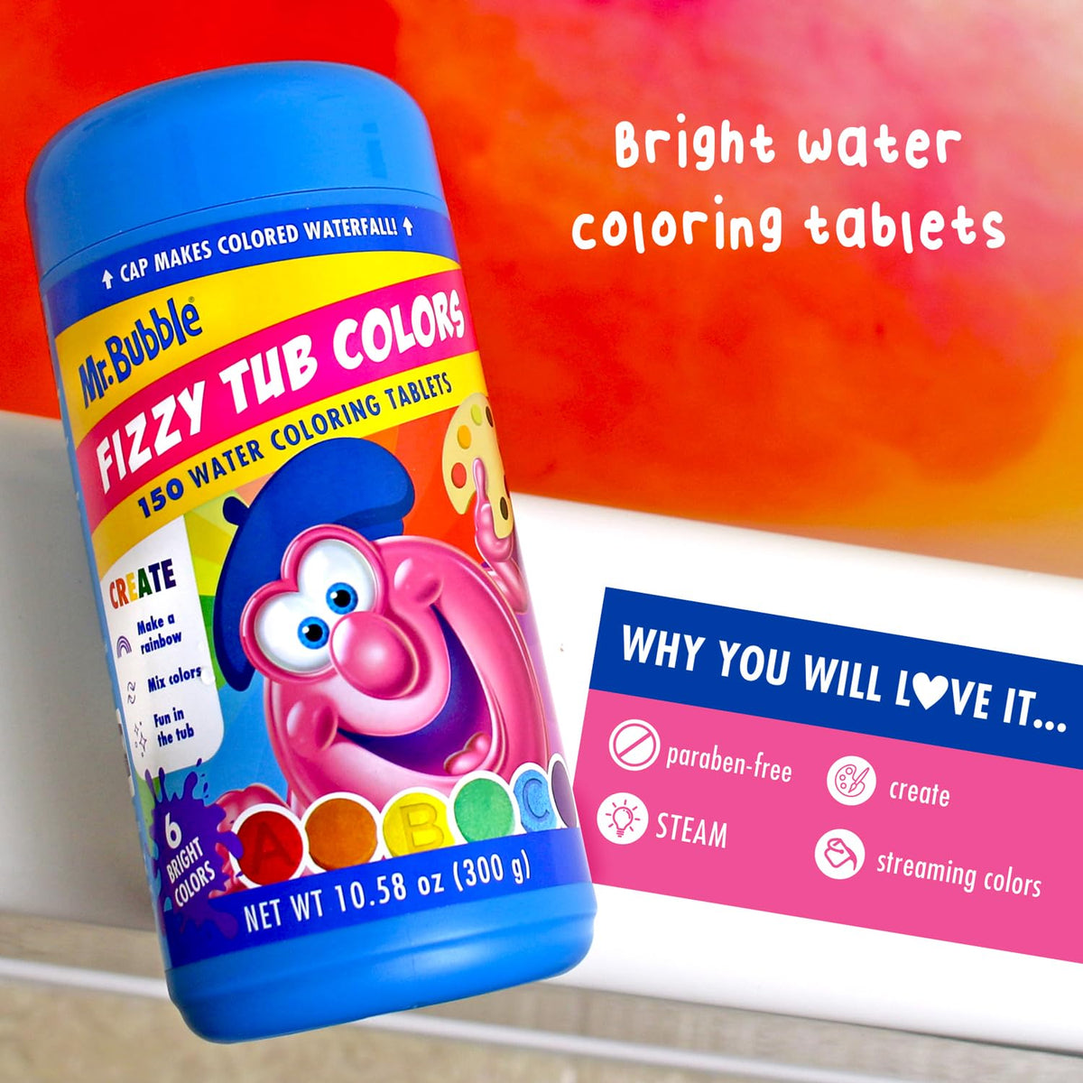 Mr. Bubble tablet fizzing in bathtub illustrating vibrant, mess-free play