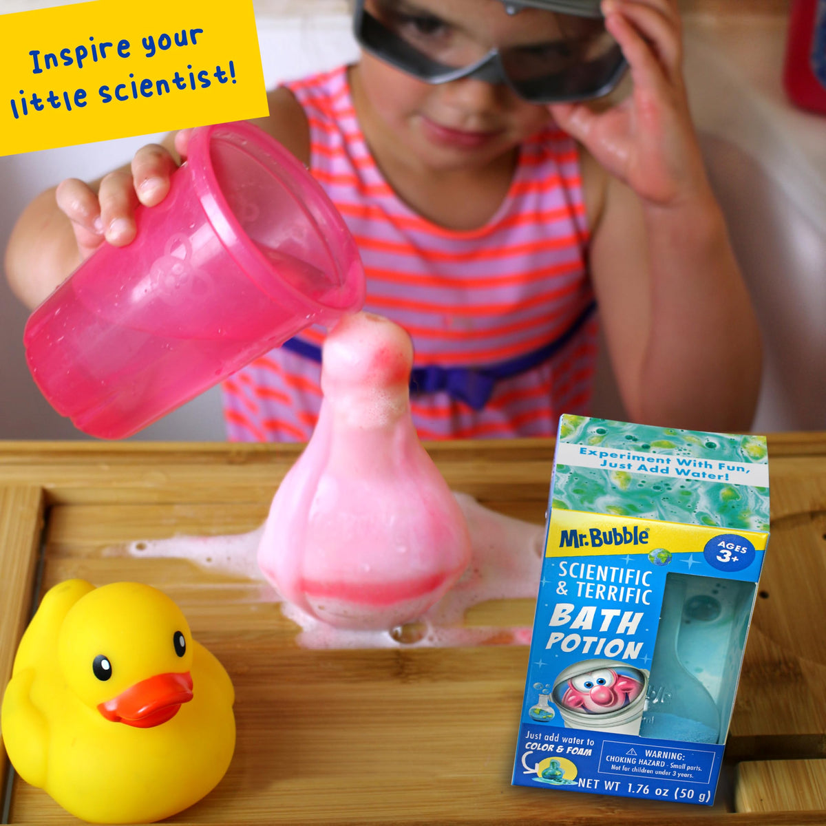 Parent and child enjoying bath together with Mr. Bubble potions providing playful cleanup