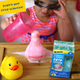 Parent and child enjoying bath together with Mr. Bubble potions providing playful cleanup