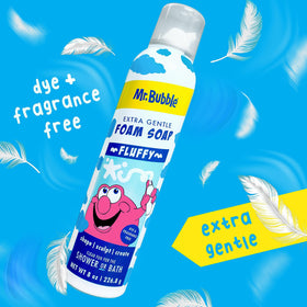 Mr. Bubble airy foam texture on a hand, gentle foam that rinses clean