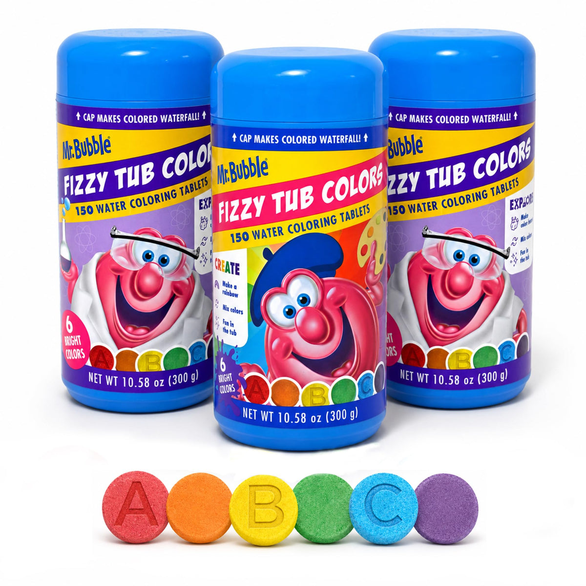 Mr. Bubble front packaging showing jars and bright tablets for playful baths