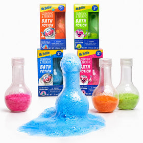 Mr. Bubble front packaging showing four colorful bath potion beakers and brand