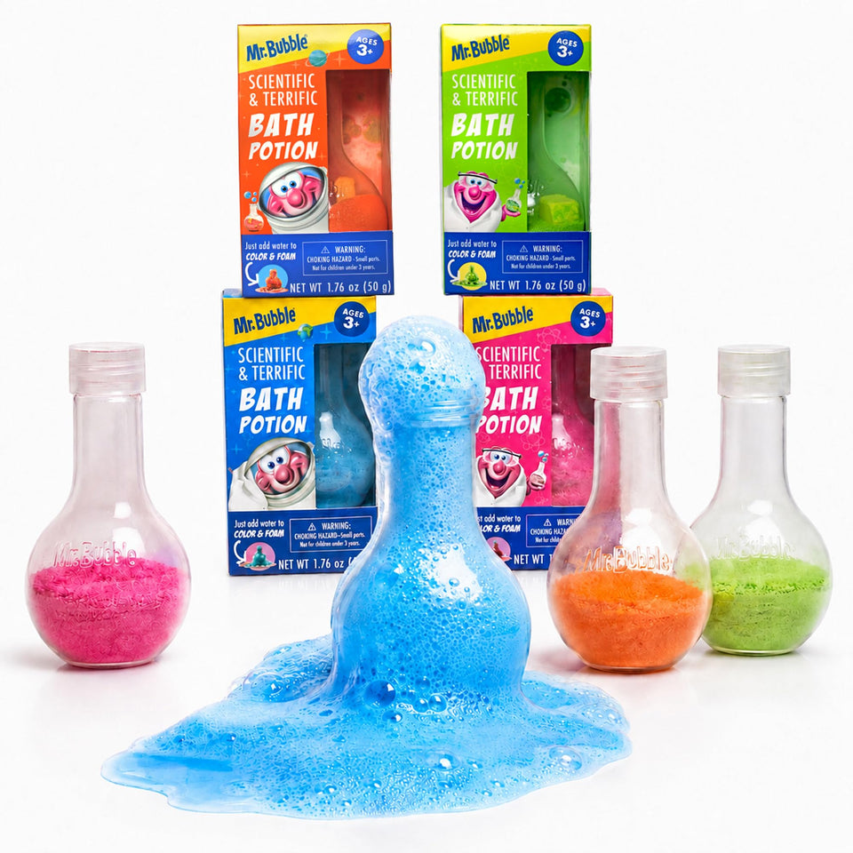 Mr. Bubble front packaging showing four colorful bath potion beakers and brand