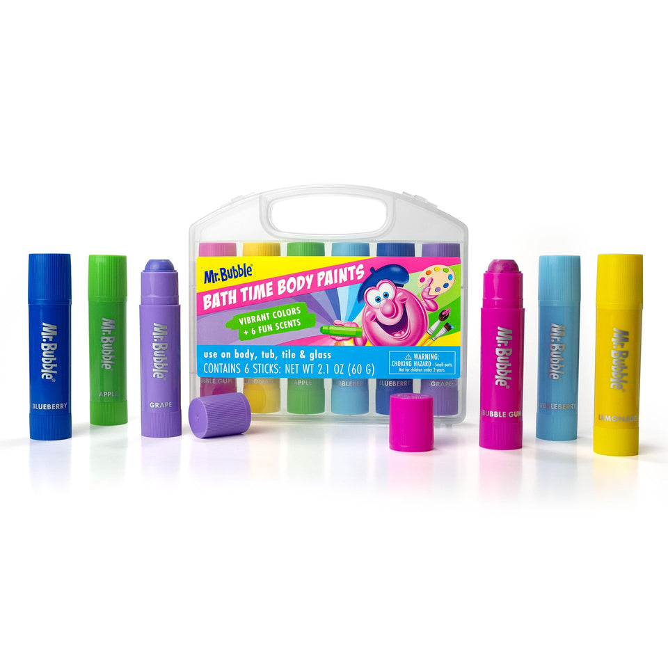 Mr. Bubble front packaging showing six colorful paint sticks and case for organized storage