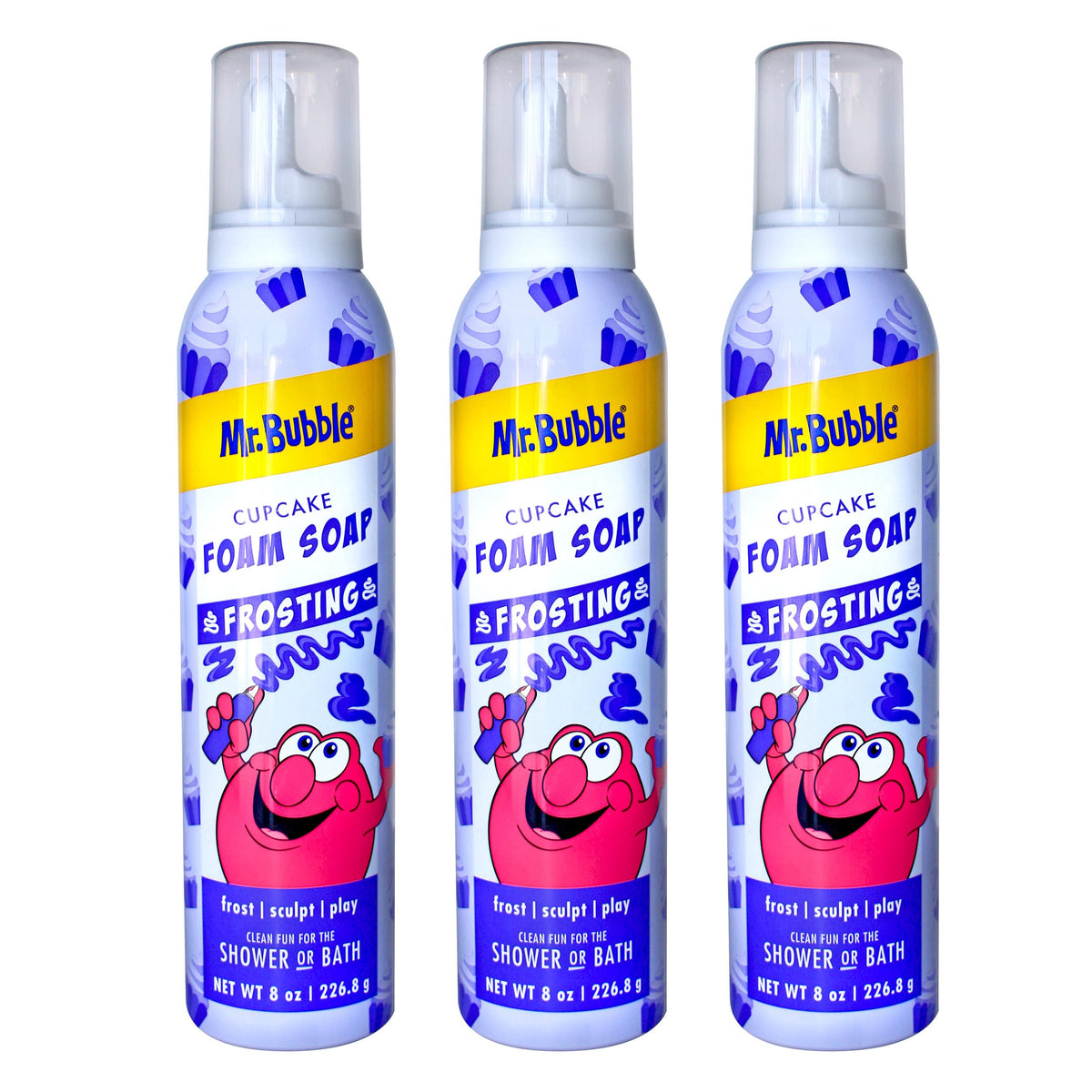 Mr. Bubble front packaging showing cupcake scent and playful nozzle benefit