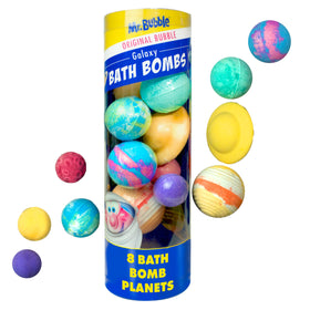 Mr. Bubble front packaging showing the 8 planet bath bombs and colorful branding benefits playful baths