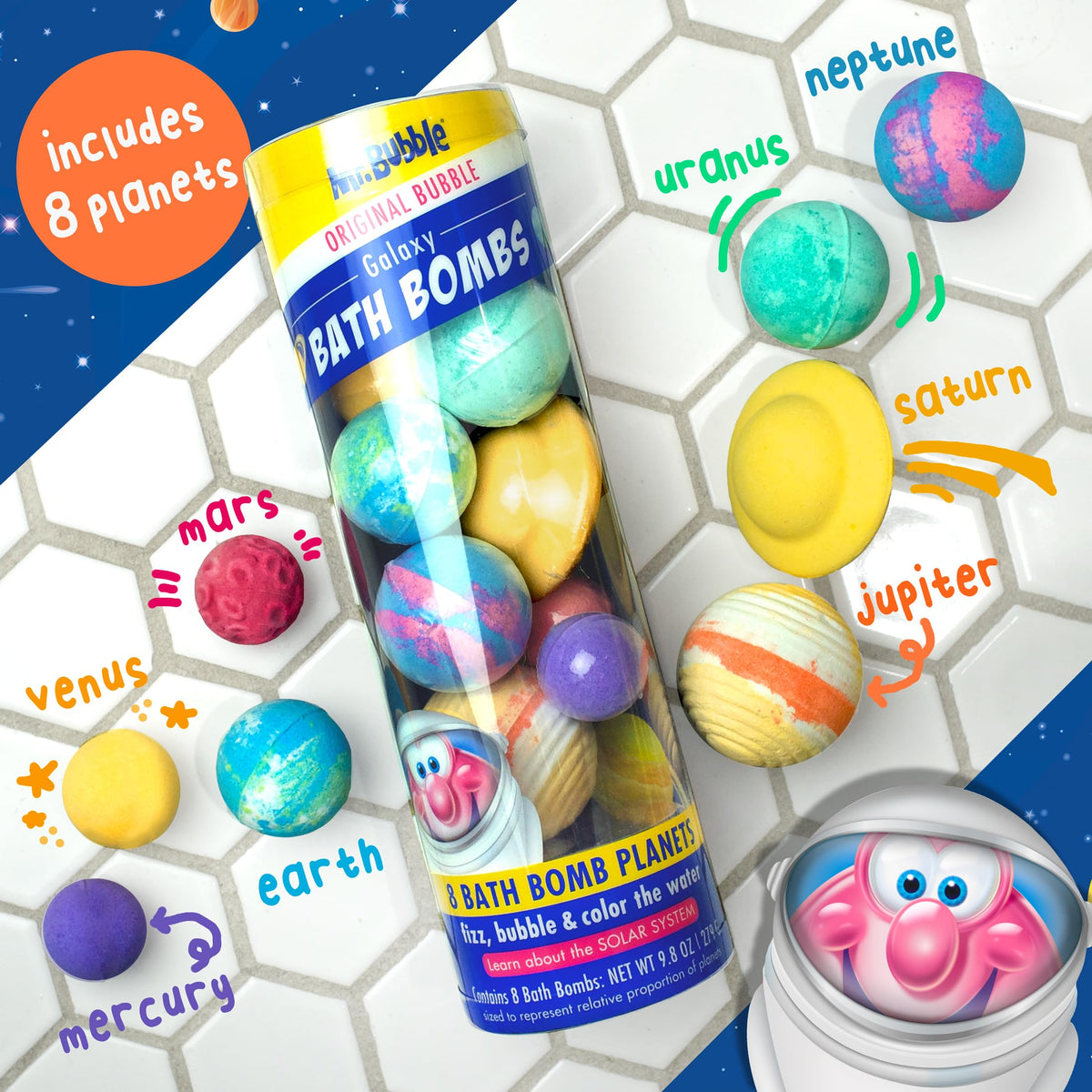 Mr. Bubble planets lined up displaying all eight planetary shapes for counting and learning benefits