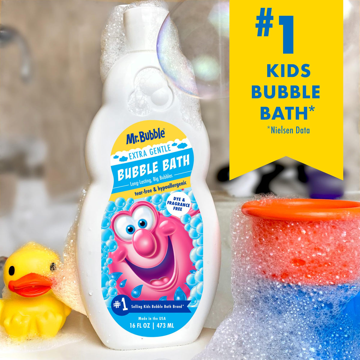 Mr. Bubble label close-up highlighting hypoallergenic and unscented features
