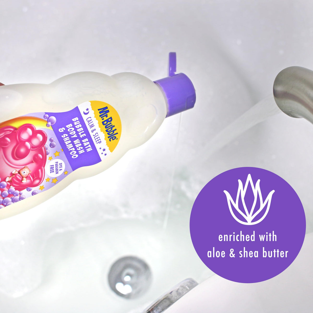 Nighttime bathroom scene with Mr. Bubble creating a calm bath atmosphere