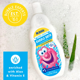 Mr. Bubble pouring into bath showing easy-use and abundant bubbles