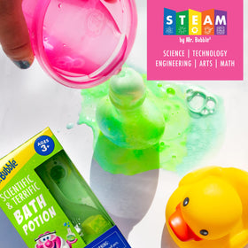 Mr. Bubble beaker held in adult hand to show size and safe, easy-to-use scale