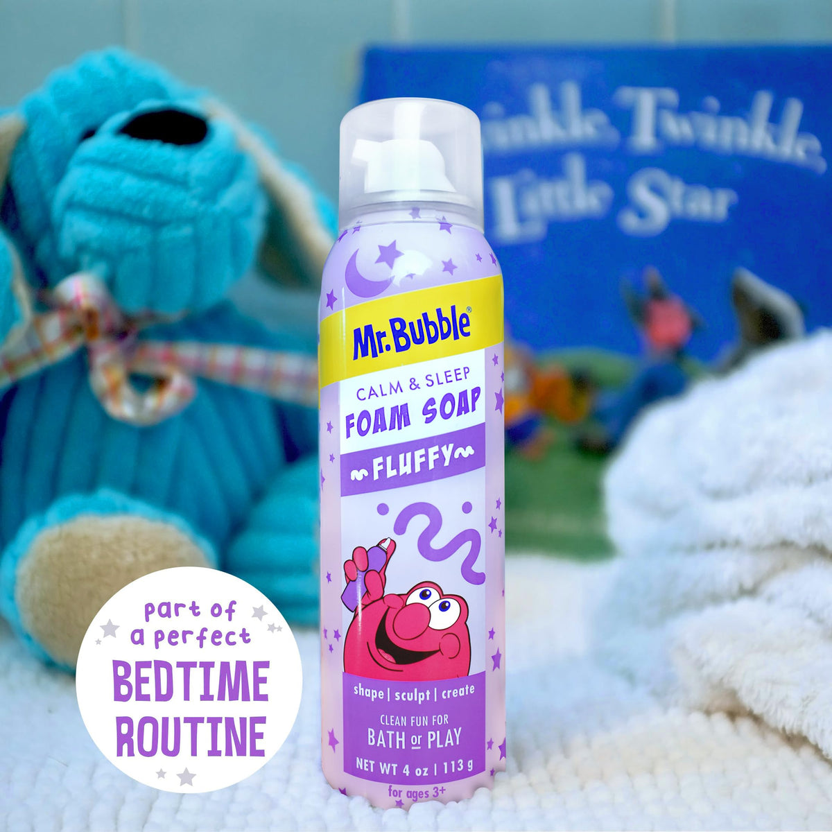 Mr. Bubble next to a ruler showing compact 4 oz travel-friendly size