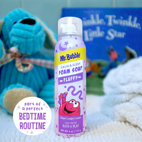 Mr. Bubble next to a ruler showing compact 4 oz travel-friendly size