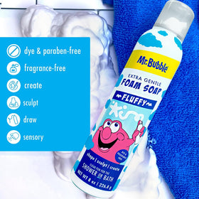 Mr. Bubble 8 oz bottle next to a common object for scale, compact and portable