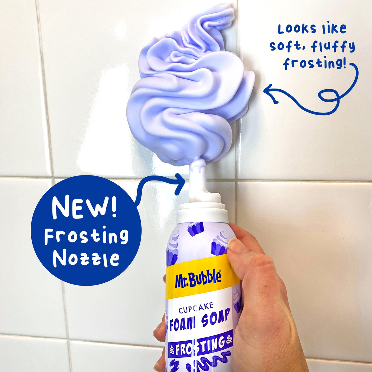 Child spraying Mr. Bubble foam on arm demonstrating independent washing benefit