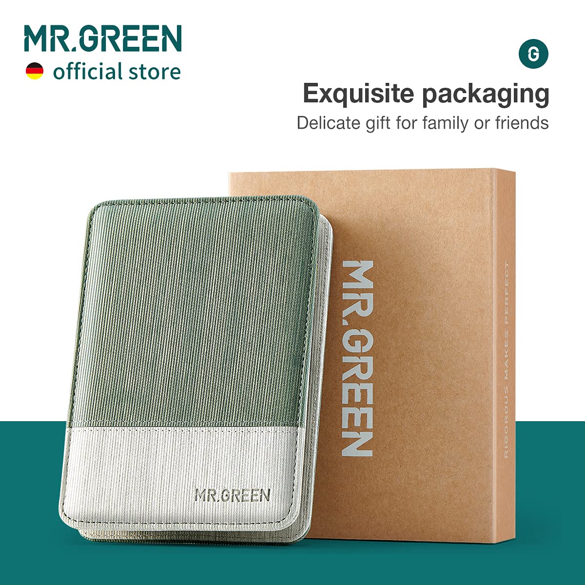 MR.GREEN case in a lifestyle scene showing stylish gifting and portability benefit