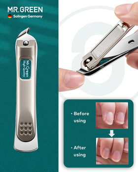 MR.GREEN close-up of stainless steel clippers demonstrating sharp, corrosion-resistant blades