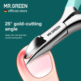MR.GREEN close-up of curved gold-angle blade showing precision for thick nails