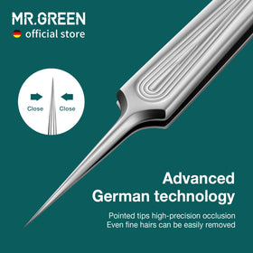 MR.GREEN tweezers in use shaping eyebrow for clean precision and control benefit