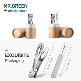 MR.GREEN clippers on bathroom vanity, lifestyle scene promoting organized manicure routine