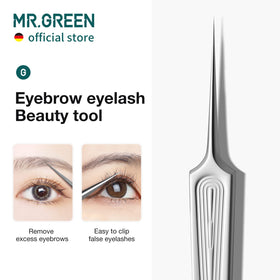 MR.GREEN tweezers held in hand showing size and control for delicate beauty tasks