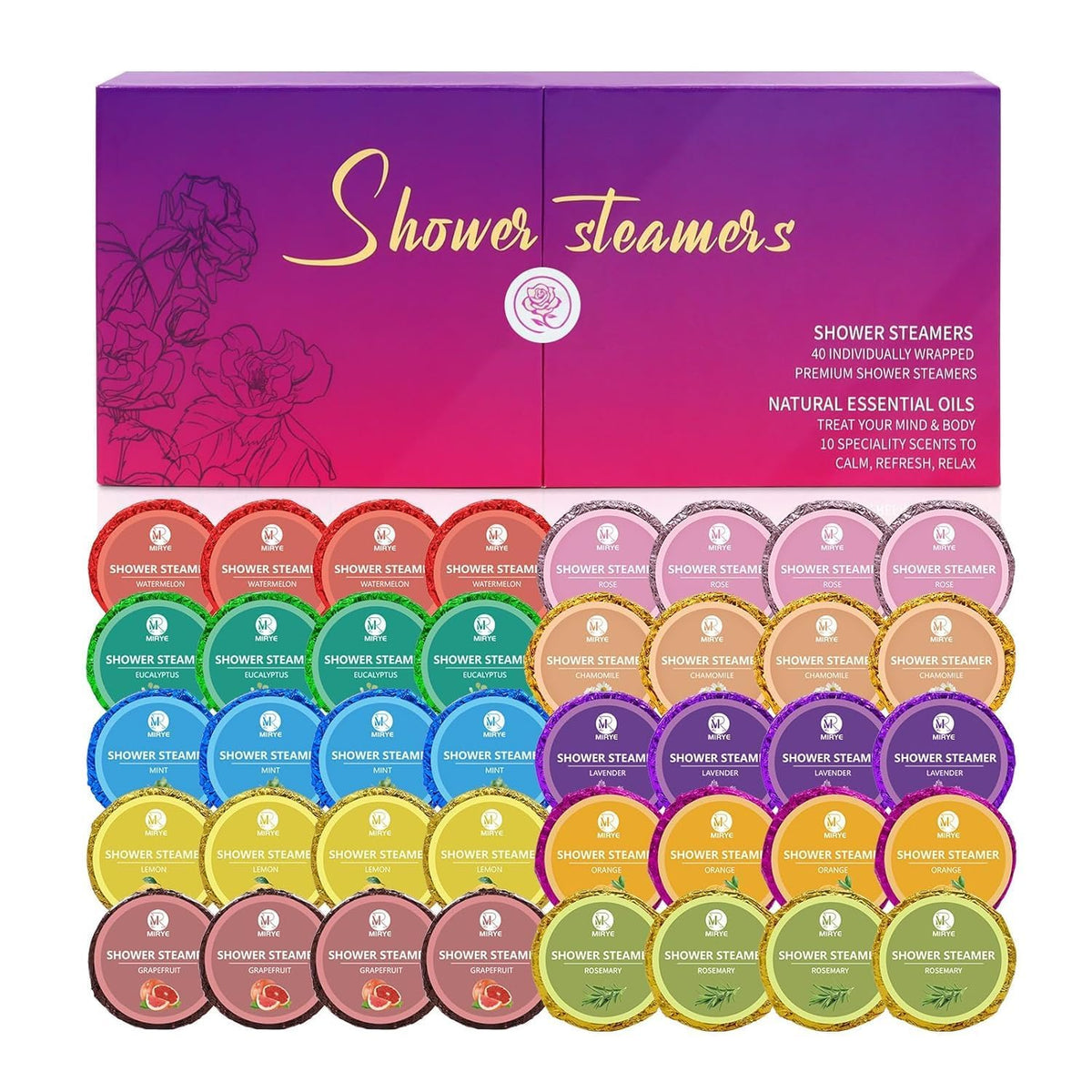 MR MIRYE gift box of 40 shower steamers showing variety and convenience