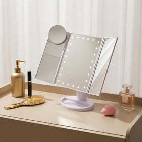 Mr. Pen Ms. Pen on a vanity with cosmetics showing professional-ready lighting and styling