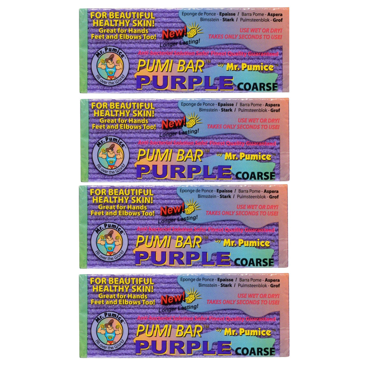 Mr. Pumice purple PUMI Bar front packaging showing four coarse bars for effective callus removal