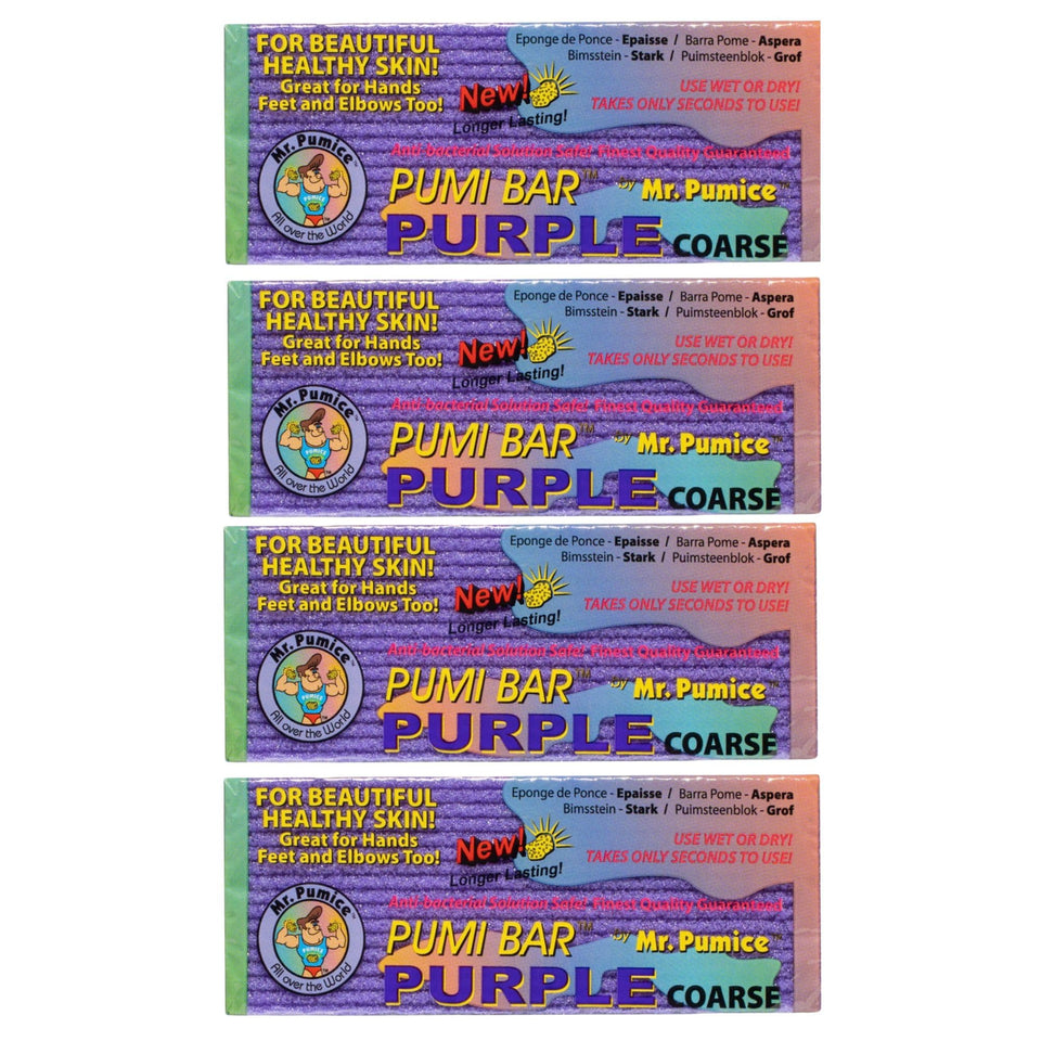Mr. Pumice purple PUMI Bar front packaging showing four coarse bars for effective callus removal