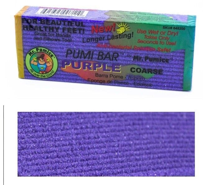 Using Mr. Pumice purple PUMI Bar on feet during a pedicure to smooth heels and calluses