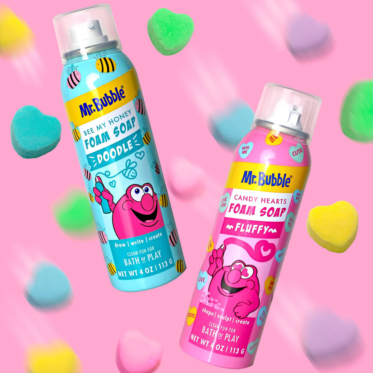 Bathroom shelf display with Mr. Bubble bottles creating a cheerful bathtime atmosphere for kids
