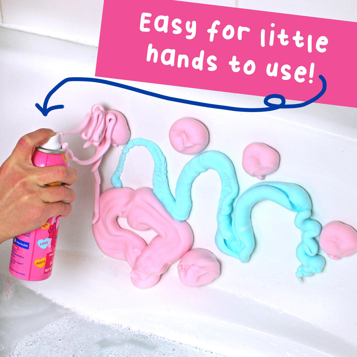 Mr. Bubble foam texture dollop on palm showing dense sculptable foam that encourages creativity