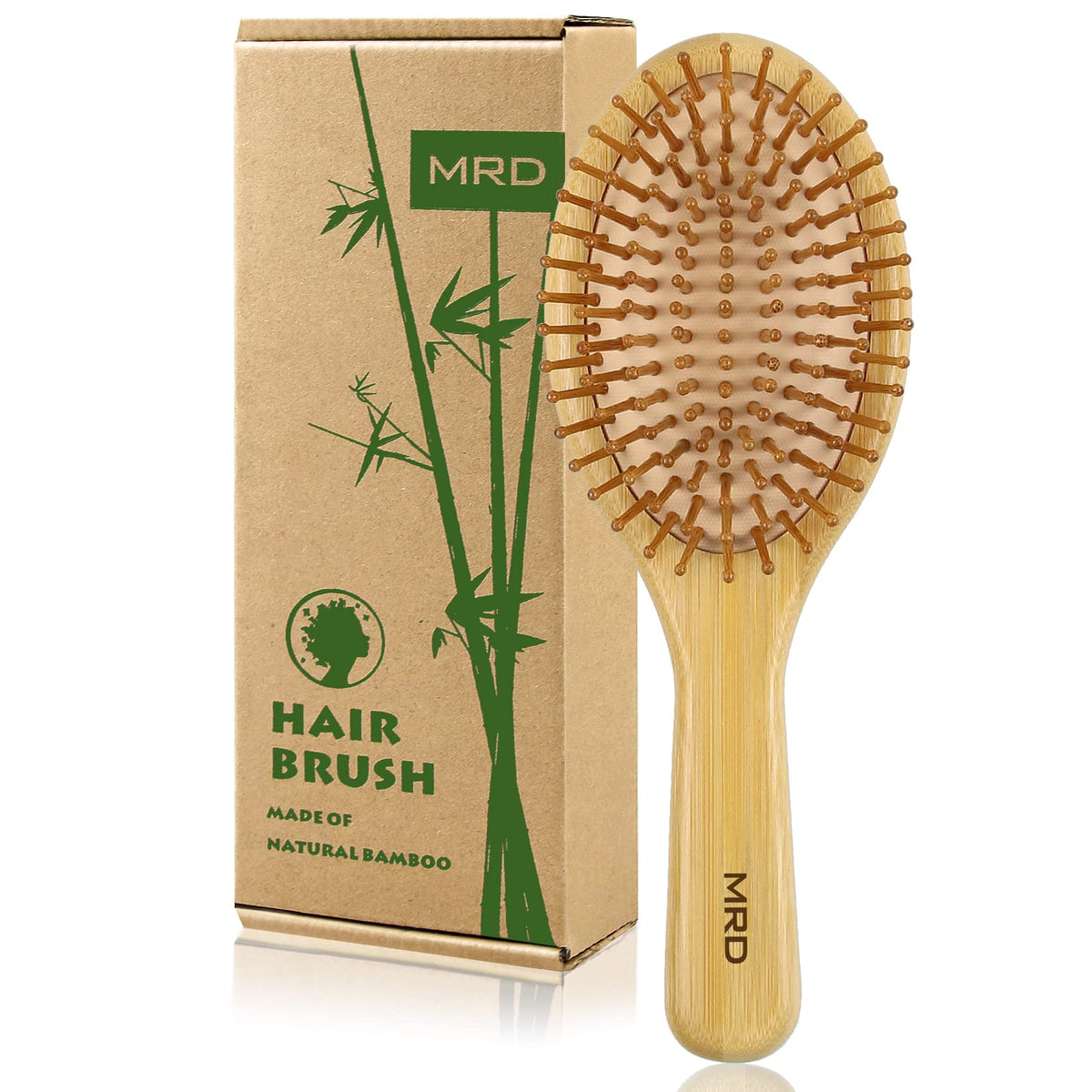 MRD bamboo paddle brush front view showing full paddle and bristles, eco-friendly benefit