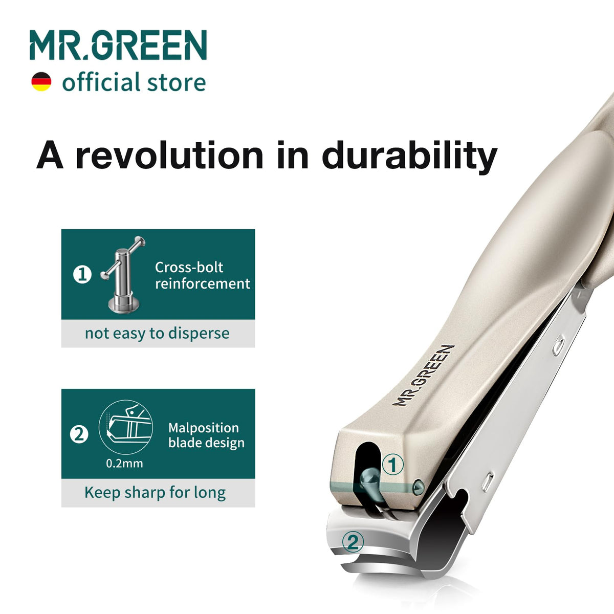 MR.GREEN handle close-up showing thickened tail for secure ergonomic grip