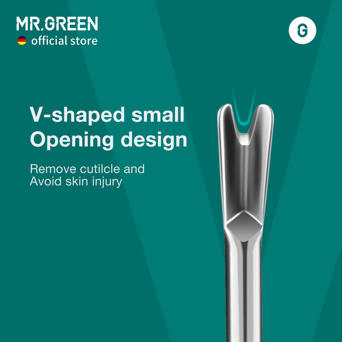 MR.GREEN tool in use pushing cuticle for smoother nail bed preparation