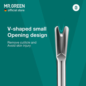 MR.GREEN tool in use pushing cuticle for smoother nail bed preparation